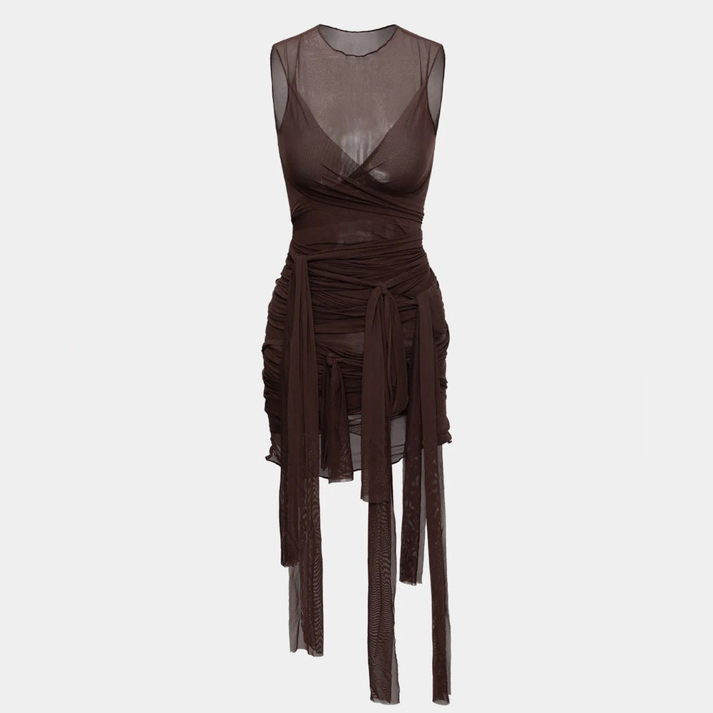 Sheer Ruched Mini Dress in Dark Brown